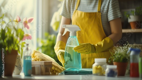 A person wearing yellow gloves and a yellow apron holding a spray bottle. Suitable for cleaning or household maintenance concepts photo