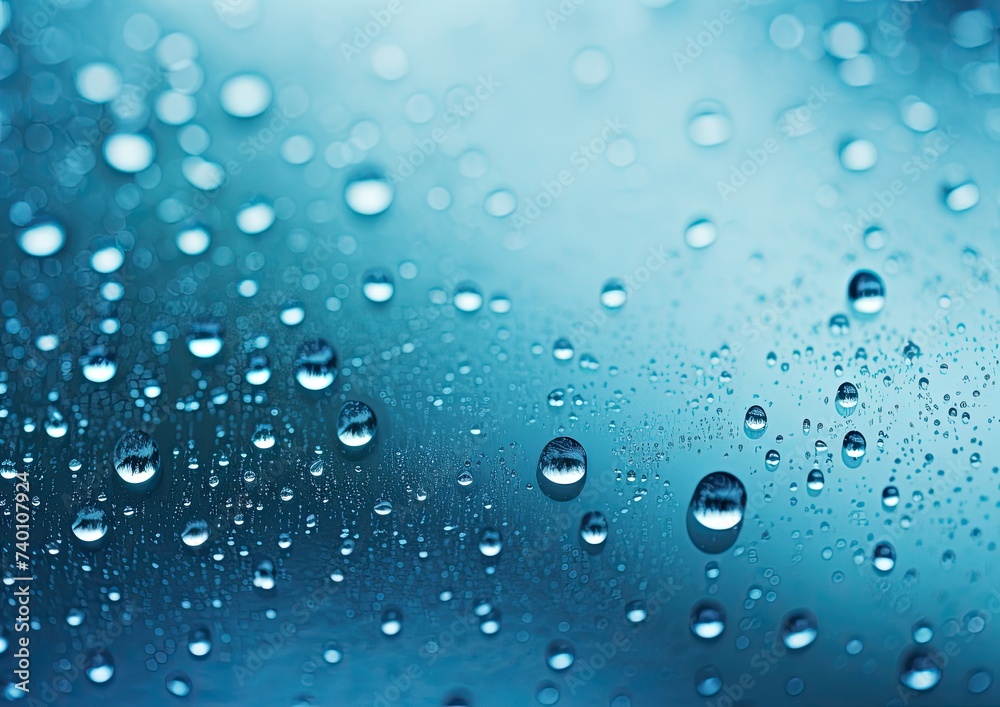 Captivating Close-Up: Water Droplets Adorn Window Pane in Blue Hue