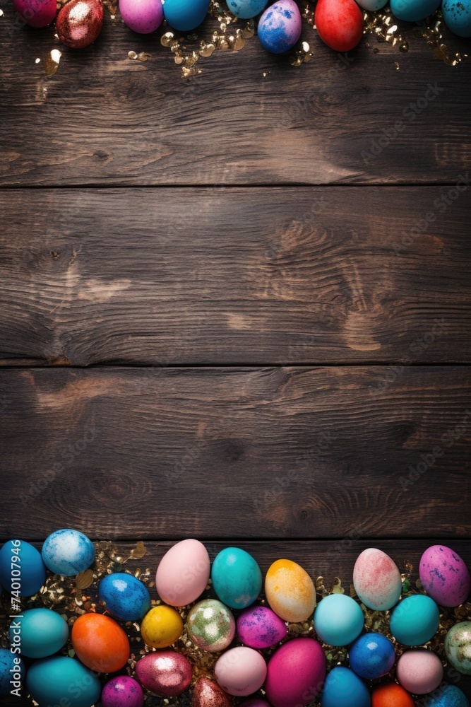Obraz premium Vibrant Easter eggs displayed on rustic wooden table. Perfect for Easter holiday decorations
