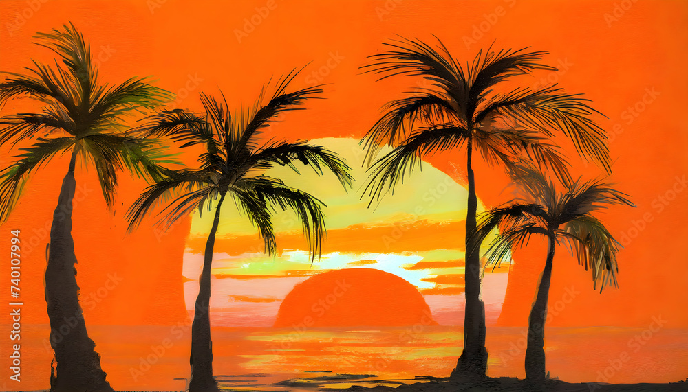 Abstract Palm tree on orange wall and sunset over backgound on digital art concept.