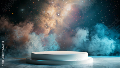 a large white podium with space and stars in the back photo