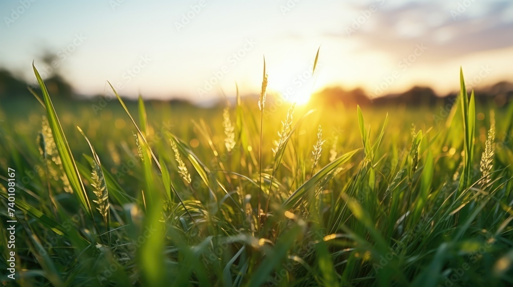 Fototapeta premium A peaceful sunset over a field of grass. Perfect for nature and landscape backgrounds
