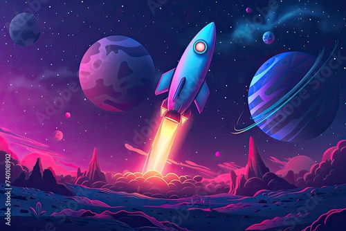 The concept of space exploration for Cosmonautics Day. A bright illustration of a rocket in neon colors flying in space among the stars and planets
