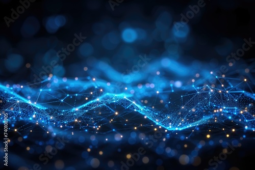 Abstract background with shining blue neural network system connected lines and glowing dots.