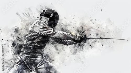 Illustration of an athlete in a fencing suit with a foil in his hand in action. The concept of sports, competition, professional skills, achievements. White background, space for text photo