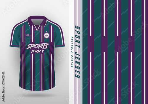 Jersey design for outdoor sports, jersey, football, futsal, running, racing, exercise, classic vertical stripes pattern, green and purple.