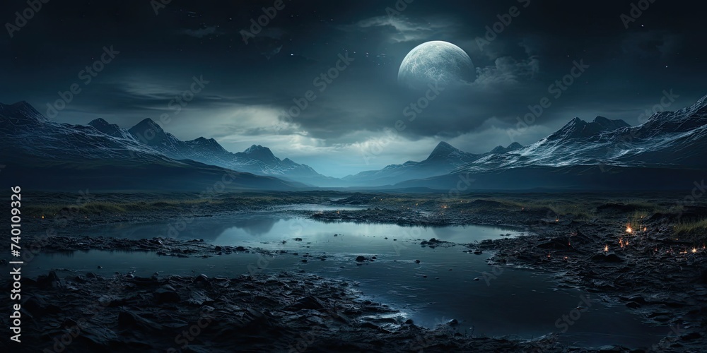 Naklejka premium Moonlit Night Scene With Mountains and Lake Generative AI