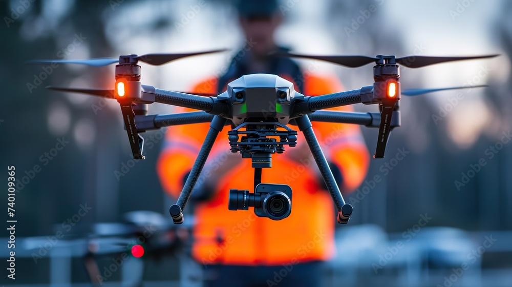 Close-up of a high-tech drone with camera hovering outdoors, operated by a blurred person in the background at twilight.