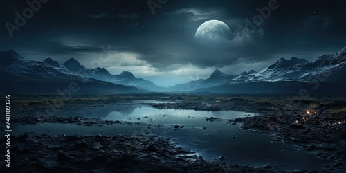 Moonlit Night Scene With Mountains and Lake Generative AI