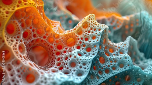 Digital illustration of a complex  porous microstructure resembling organic tissue  with vibrant orange and blue hues.