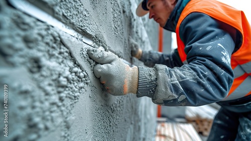 Skilled construction worker meticulously applying wet cement plaster to a wall with a trowel during building renovations.