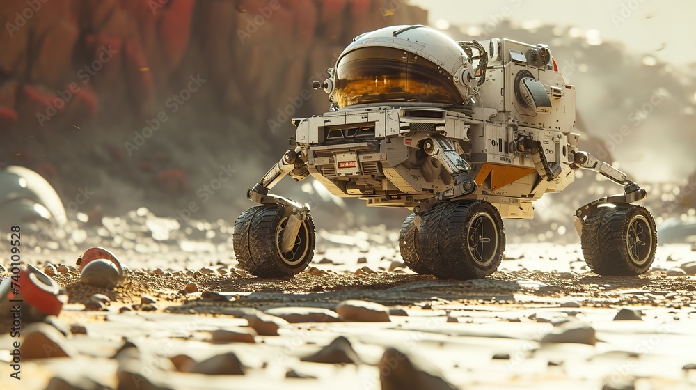 Robot Rover Moving In Monument With Visitors A robotic exploration rover traverses rocky Martian terrain, equipped ...