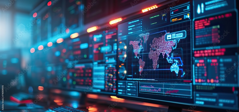 An intricate high-tech screen displays a global monitoring system with interactive data maps and analytics, illustrating worldwide network management. An intricate high-tech screen displays a global monitoring system with interactive data maps and analytics, illustrating worldwide network management.