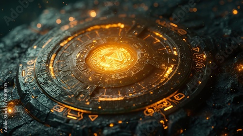 This image features an intricately designed coin glowing with the symbol of cryptocurrency, merging ancient aesthetics with modern digital currency concepts.