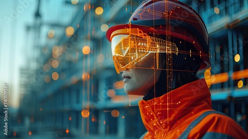 A construction worker in a reflective orange jacket and an augmented reality visor stands before a complex urban backdrop, symbolizing modern building techniques.