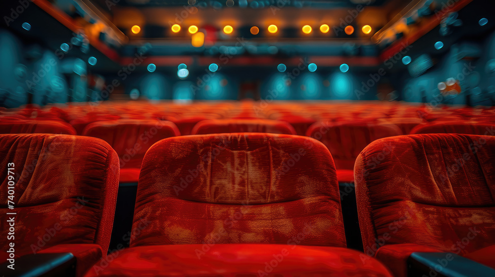 Plush red seats in an empty theater await an audience, with the stage lights softly glowing in the background.