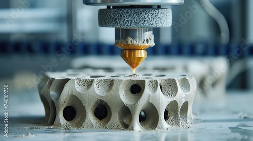 An industrial 3D printer nozzle applies material layers to create a porous structure, showcasing modern manufacturing. photo