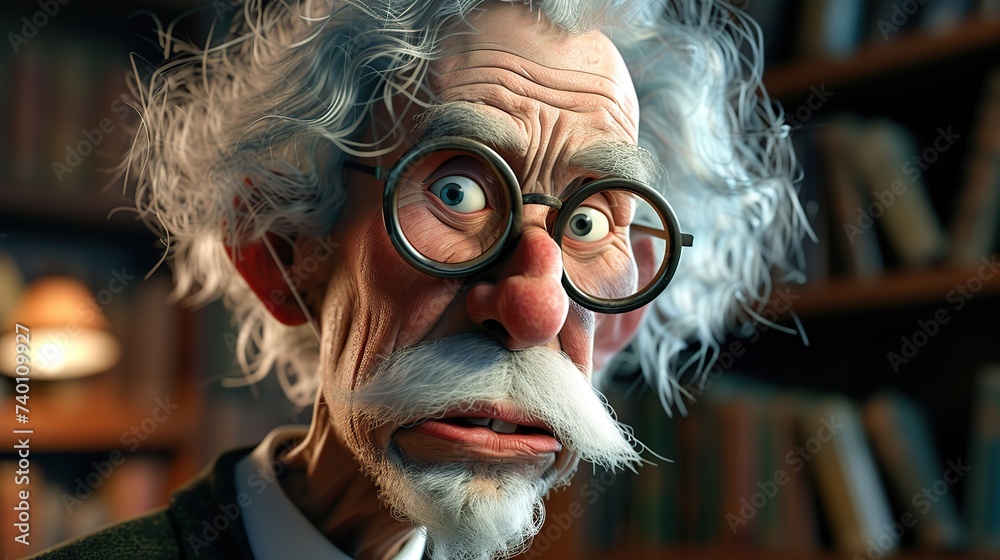 A high-resolution image of an eccentric animated senior man with large glasses, a shocked expression, and a whimsical mustache in a cozy library setting. - obrazy, fototapety, plakaty 