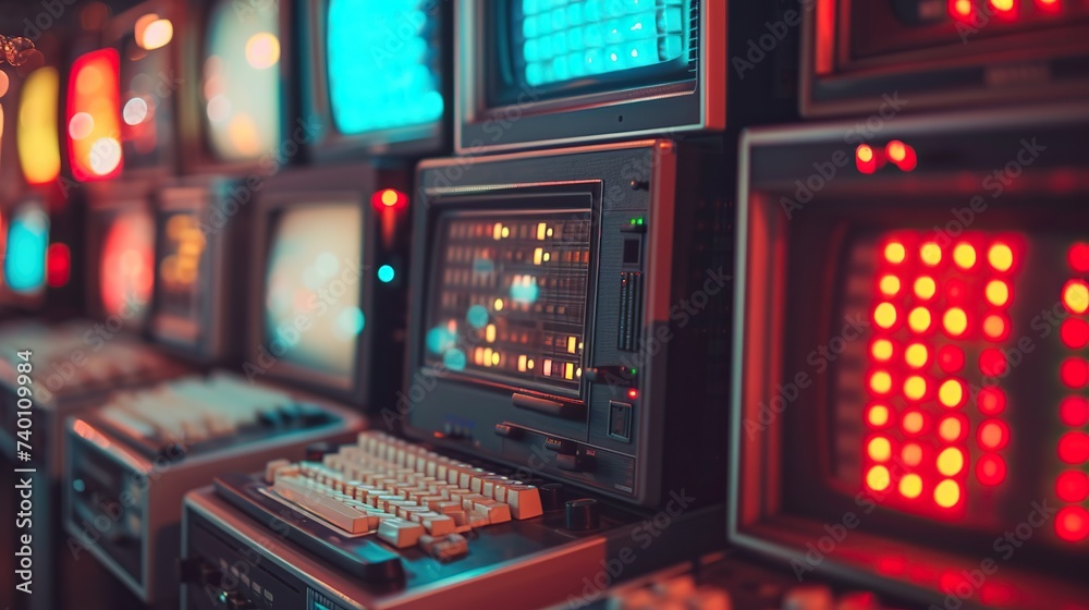 A collection of vintage computers and retro technology equipment, displaying glowing screens and colorful buttons in a dark room.