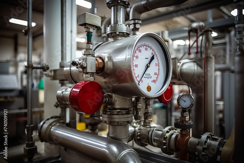 Close-up Shot of a Level Gauge Amidst a Network of Pipes and Valves in an Industrial Environment