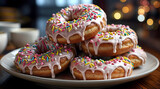 A mound of pink doughnuts frosted, sprinkled with colorful sugar, Generative AI.