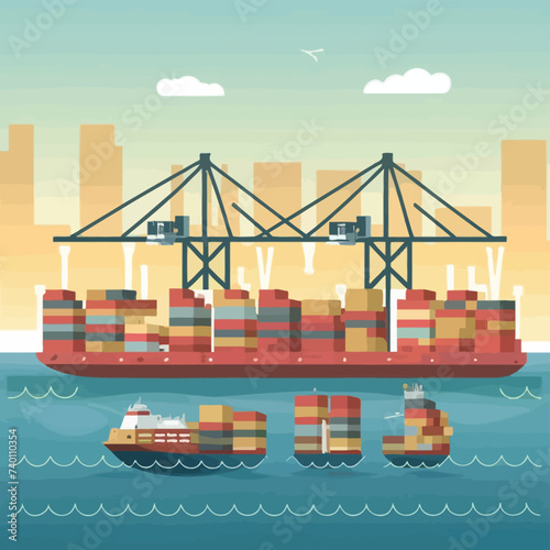 2d vector illustration colorful Land and sea transport techniques, methods and technological tools for transporting and shipping goods and products and logistic 

