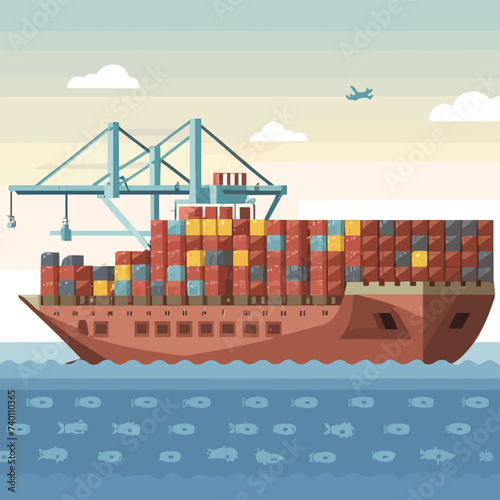 2d vector illustration colorful Land and sea transport techniques, methods and technological tools for transporting and shipping goods and products and logistic 

