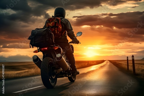 Motorcyclist prepares to hit the road against sunset backdrop. Concept Travel, Motorcycle, Sunset Ride, Adventure, Lifestyle © Anastasiia