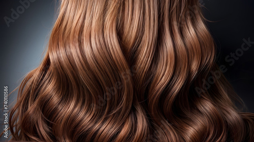 A closeup of a head of brown hair with long, wavy curls. Generative AI.