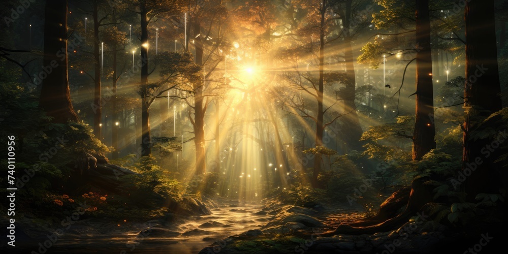 Sun Shining Through Dense Forest Generative AI