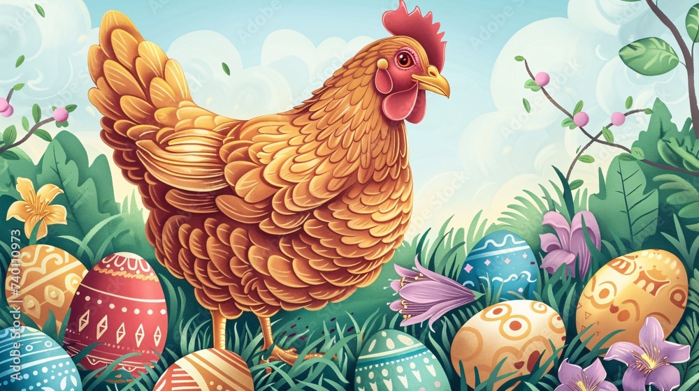 Obraz premium Illustration d'une poule avec des oeufs de Pâques dans un jardin » IA générative