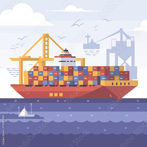 2d vector illustration colorful Land and sea transport techniques, methods and technological tools for transporting and shipping goods and products and logistic 

