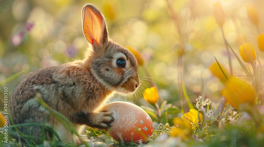 Fototapeta premium Lapin avec un oeuf de Pâques peint dans un jardin » IA générative