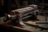 Detailed image of a rusty machine clamp resting on a well-used wooden table in a vintage industrial setting