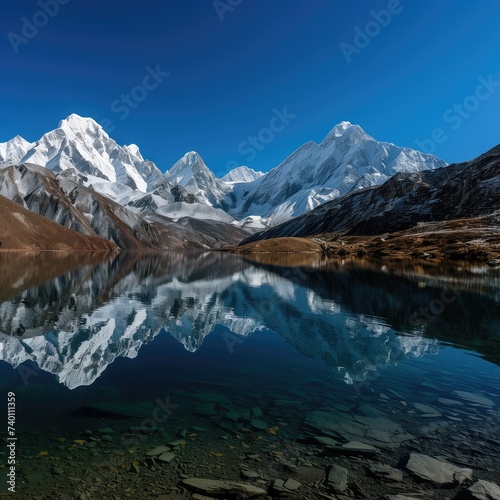 Majestic view of snow mountains peaks reflecting in lake