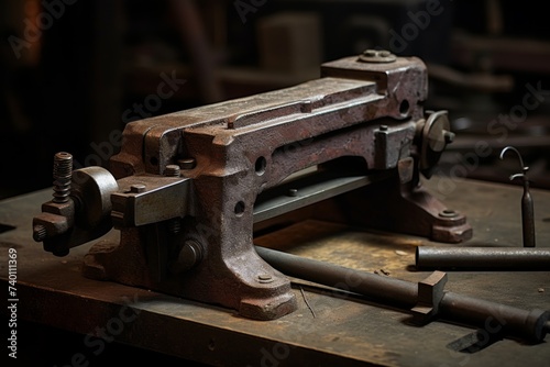 Detailed image of a rusty machine clamp resting on a well-used wooden table in a vintage industrial setting