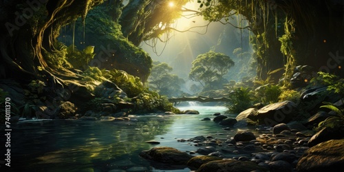 River Flowing Through Lush Green Forest Generative AI © Johnathan