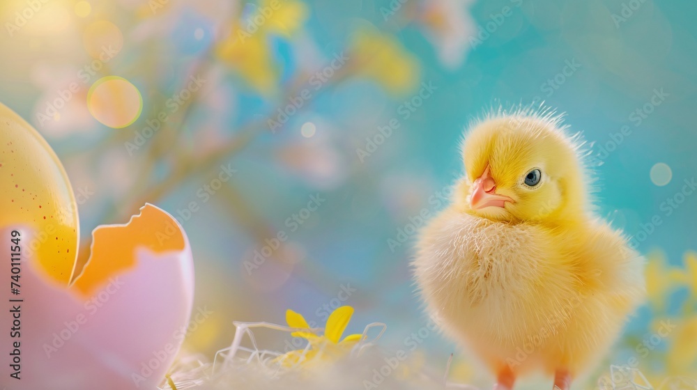 Jeune poussin à côté de sa coquille un jour de printemps » IA générative Jeune poussin à côté de sa coquille un jour de printemps » IA générative