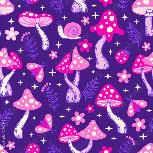 Vector seamless pattern of neon violet amanita mushrooms at night. Stylized mushrooms in neon pink and purple colors on a dark background