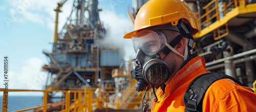 A man wearing a gas mask and safety gear examines offshore petroleum equipment for chemical protection. photo