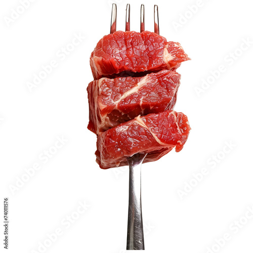 slices of raw meat on a meat fork, realism photo