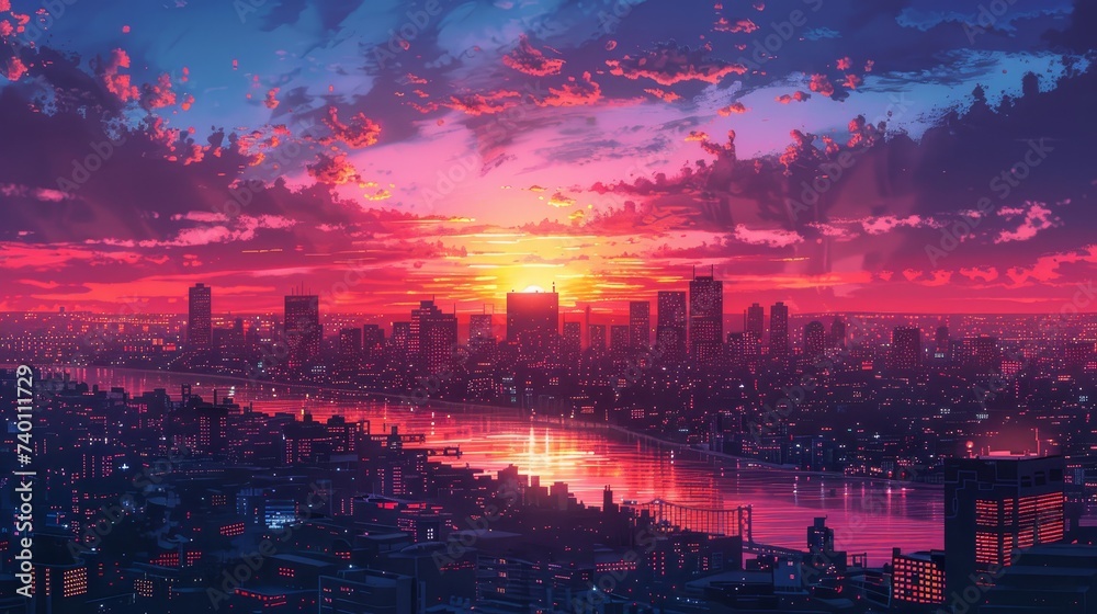 Obraz premium A digital illustration of a sprawling cityscape under a dramatic sunset, with the sun's dying light casting reflections across meandering waterways.