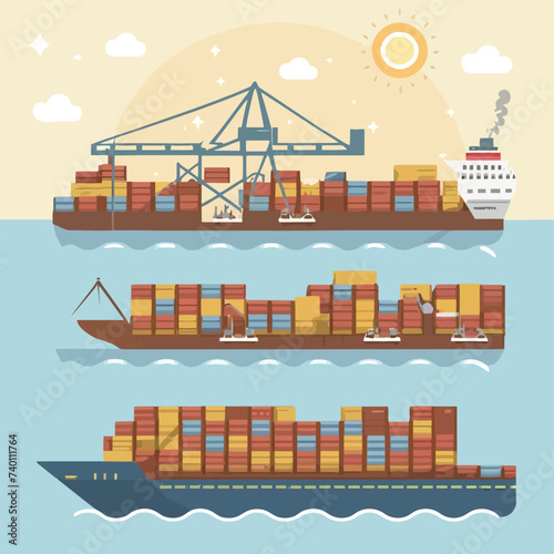 2d vector illustration colorful Land and sea transport techniques, methods and technological tools for transporting and shipping goods and products and logistic 

