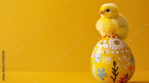 Poussin sur un oeuf de Pâques décoré sur fond jaune » IA générative