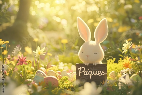 Lapin blanc tenant une pancarte Pâques au printemps » IA générative photo