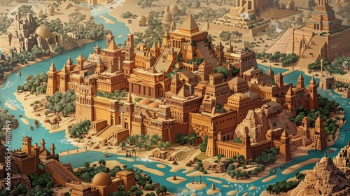 Artistic interpretation of the ancient city of Babylon, featuring grand palaces and hanging gardens by the Euphrates River, evoking the splendor of Mesopotamian civilization. photo