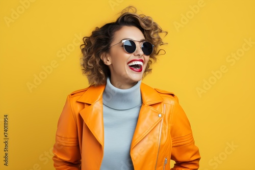 Happy woman with laptop exuding confidence in jacket. Concept Professional photoshoot, Confident businesswoman, Laptop technology, Stylish corporate attire, Empowered female entrepreneur