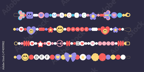 Retro friendship handmade accessories set. Beads bracelets in 90s, y2k style. Various necklace objects, hearts, butterfly, flower, phrases. Vector photo