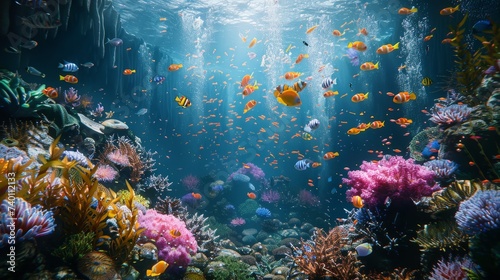 A bustling underwater ecosystem, teeming with colorful fish and diverse coral formations, illuminated by sunlight.