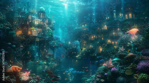 Fantastical underwater city glowing amidst coral gardens, teeming with fish and dappled with sunlight.
